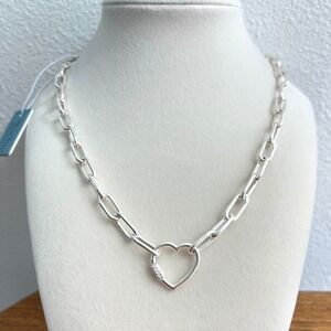 Mia Fiore Open Heart Necklace Silver Plated Paperclip Pave Italy CZ 17.5" NWT